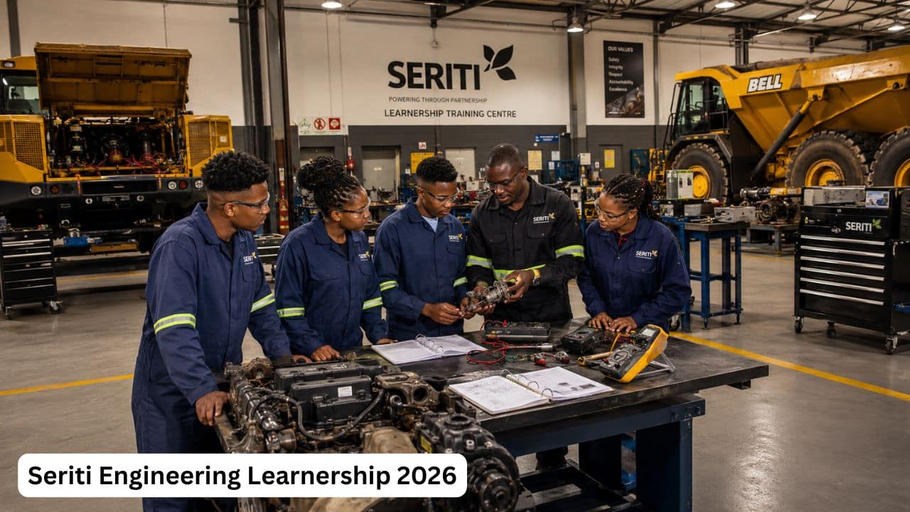 Young South African engineering learnership candidates receiving diesel mechanic and auto electrical training guidance at Seriti.