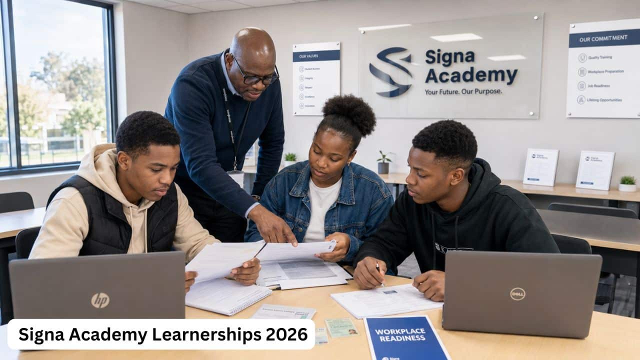 Young South African learners preparing documents for the Signa Academy Learnerships 2026