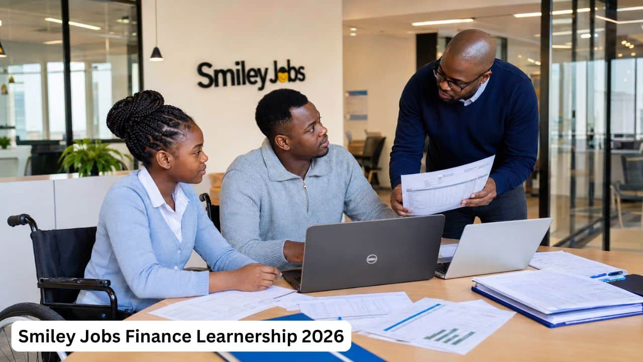 Young South African learners receiving finance and procurement support training through Smiley Jobs