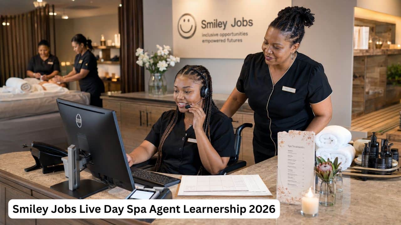 South African learner with a disability receiving customer service and booking training during the Smiley Jobs spa agent learnership