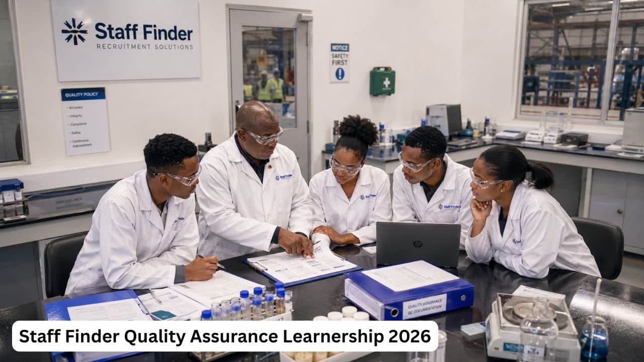 Young South African quality assurance learners reviewing laboratory samples and quality control documents in a professional lab