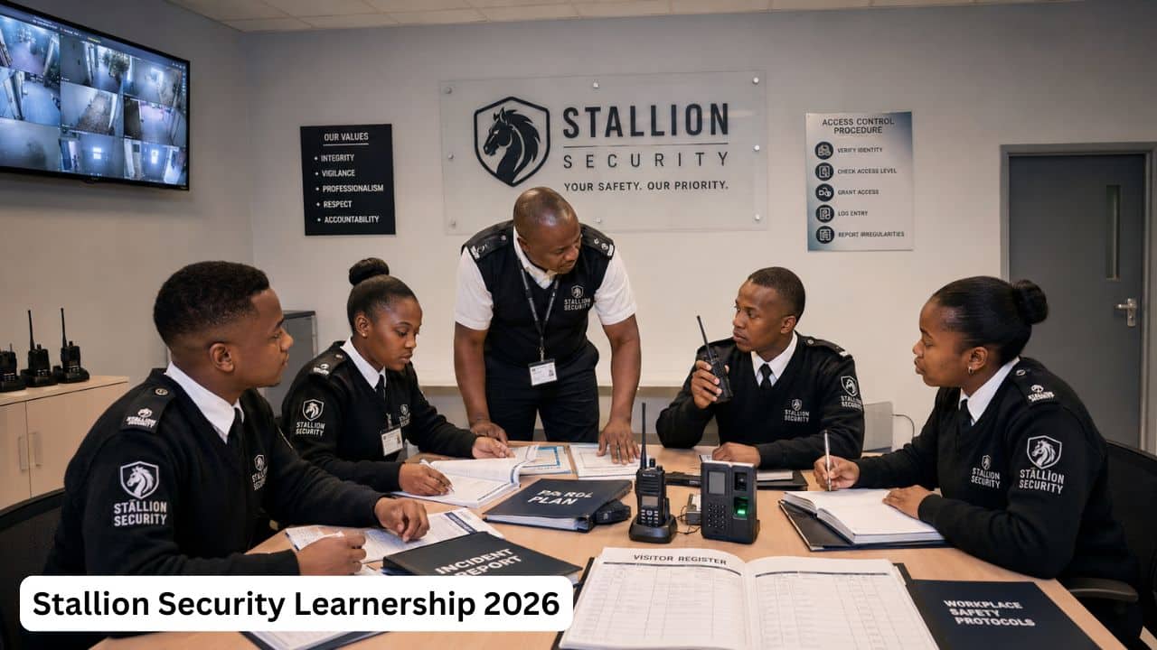 Young South African security learners receiving practical training from a Stallion Security instructor.