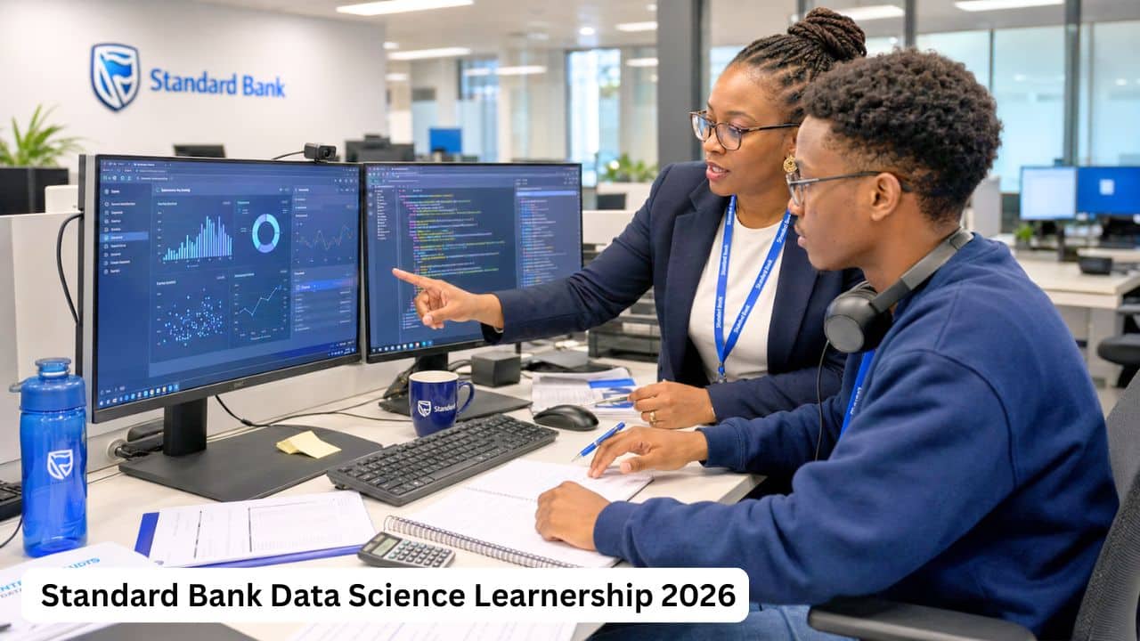South African graduate completing data analysis with a mentor during the Standard Bank Data Science Learnership.