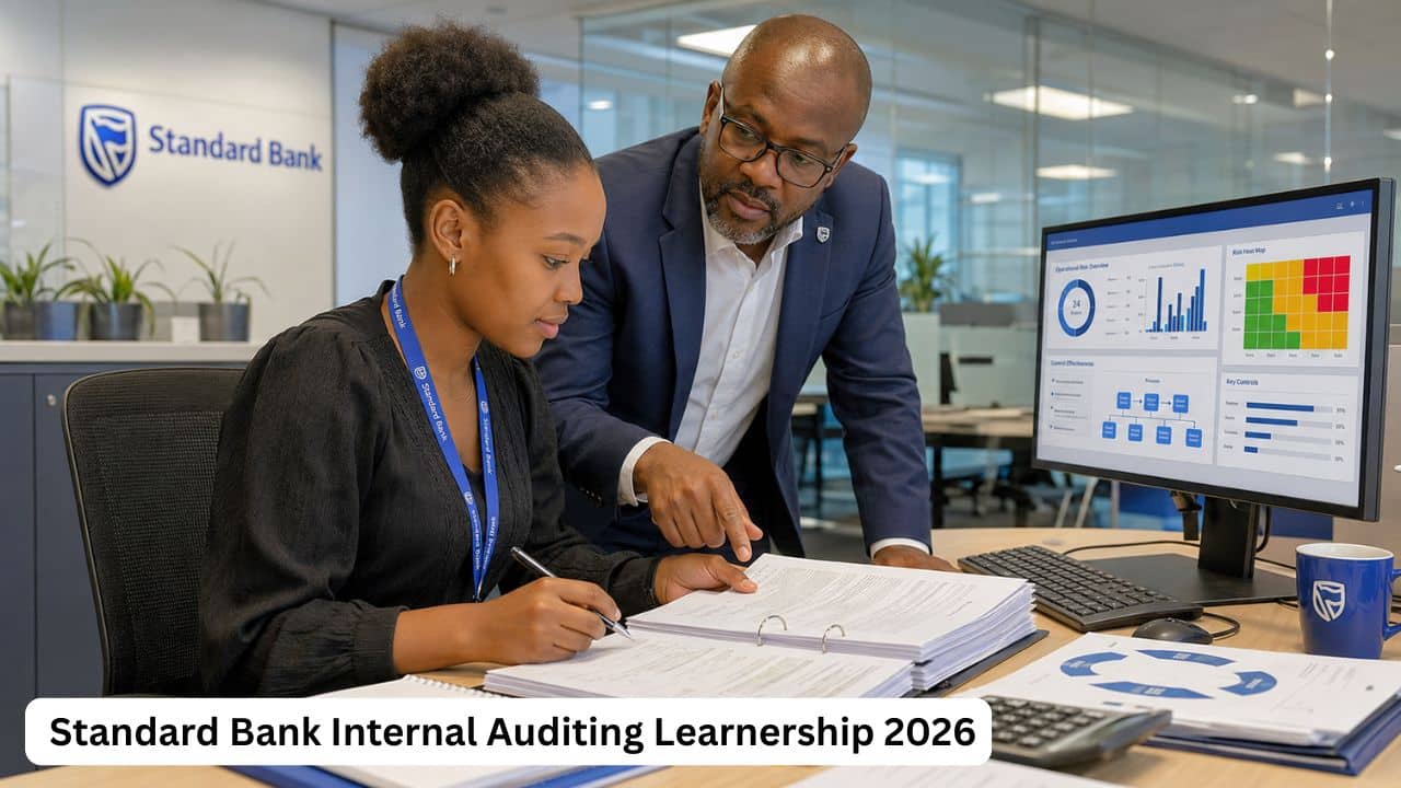 South African graduate reviewing audit working papers during the Standard Bank Internal Auditing Learnership.