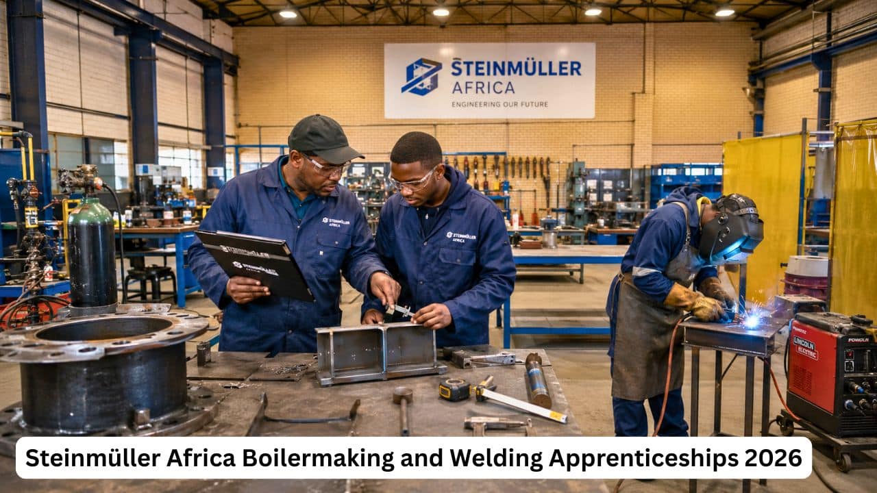 Young South African apprentices completing supervised boilermaking and welding training in a Steinmüller Africa engineering workshop.