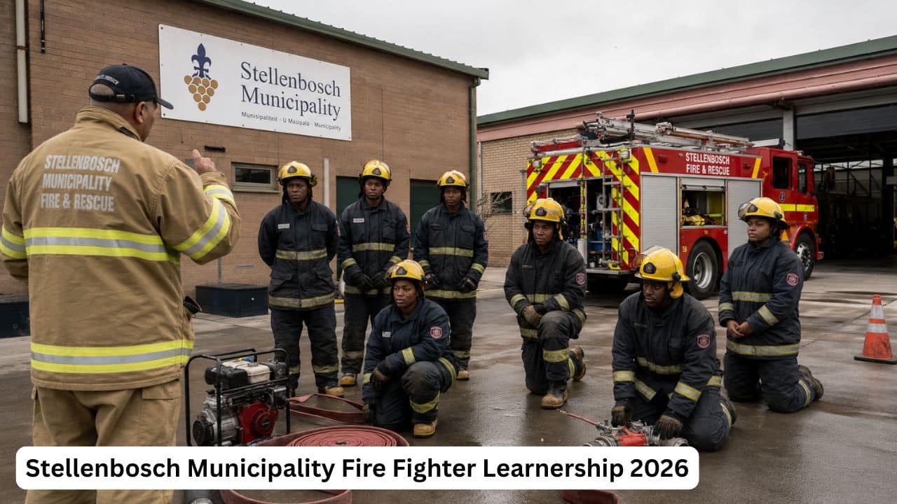 South African fire fighter trainees participating in emergency response training at a municipal fire station.