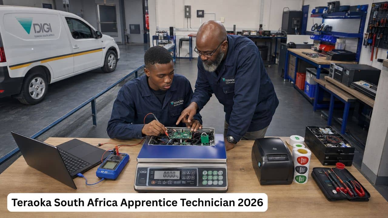 Young South African Teraoka apprentice technician repairing and calibrating an electronic commercial weighing scale