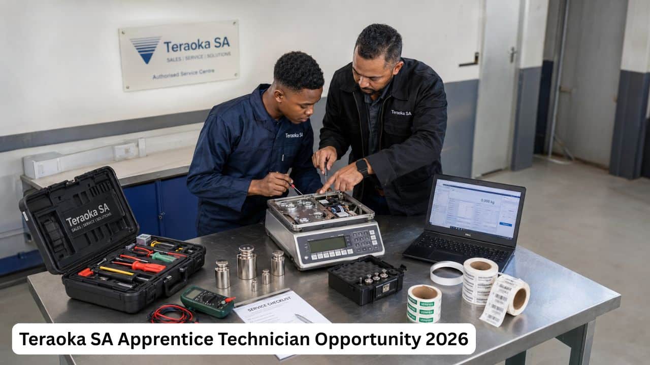 Young South African Teraoka SA apprentice technician repairing and calibrating a commercial electronic scale