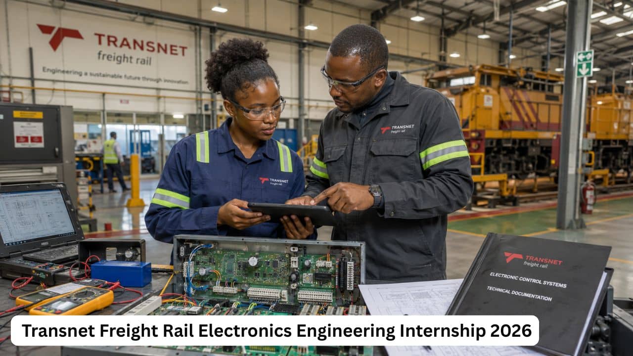 South African Electronics Engineering intern receiving practical training at a Transnet Freight Rail technical facility