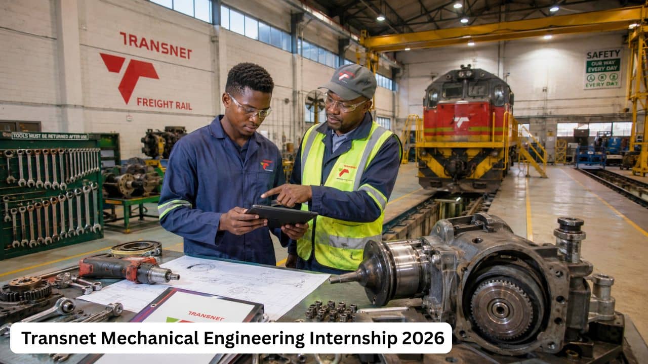 Young South African Mechanical Engineering intern receiving practical railway maintenance training from an experienced Transnet Freight Rail mentor.