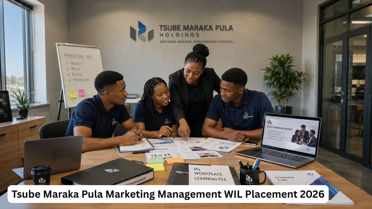 Young South African Marketing Management TVET learners receiving workplace guidance during the Tsube Maraka Pula WIL Placement 2026