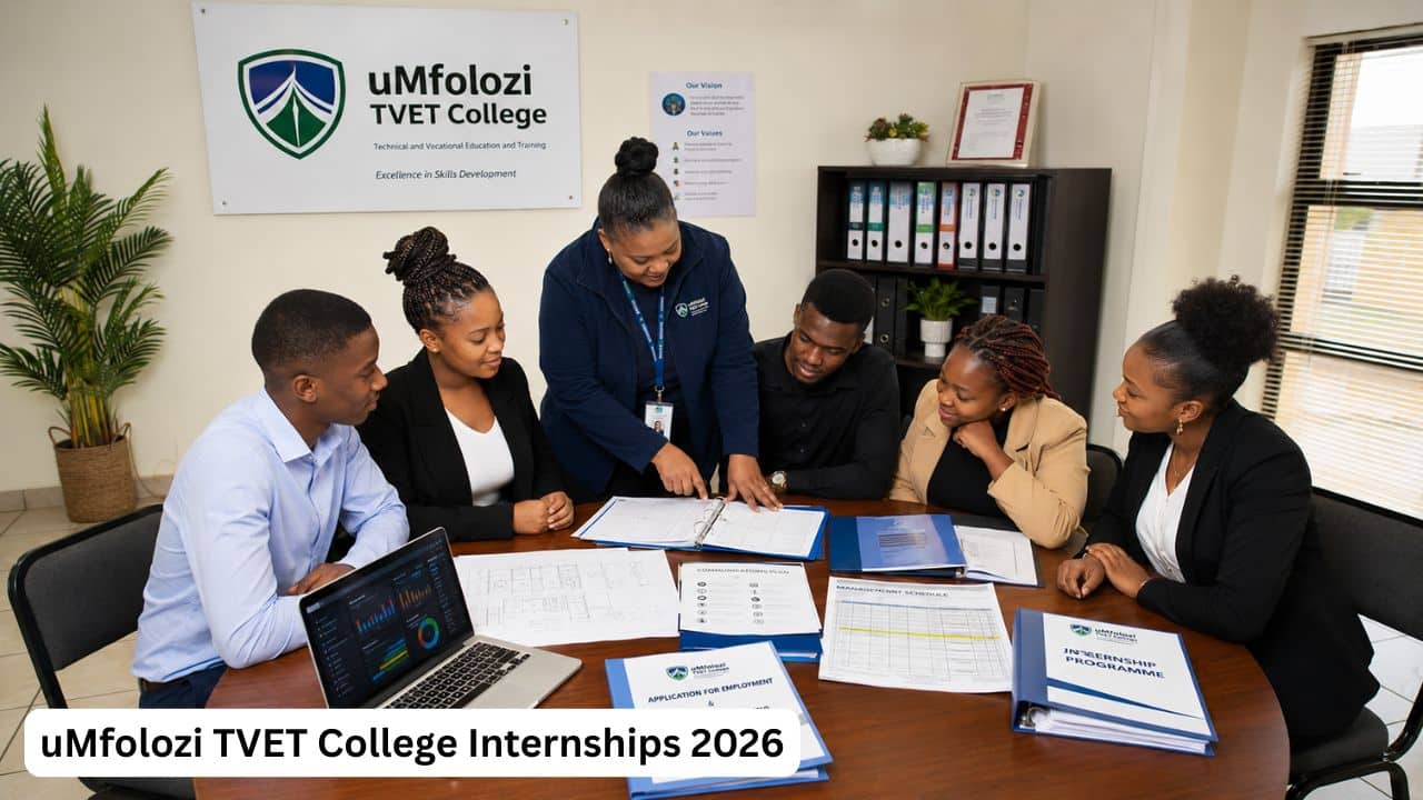 Young South African National Diploma graduates receiving workplace training through the uMfolozi TVET College internship programme.