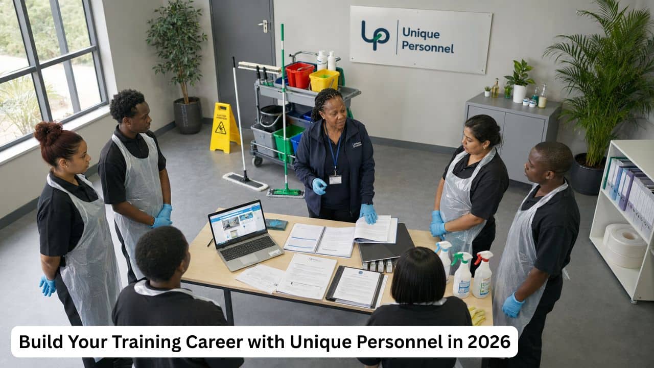 South African trainer assessing learners during practical hygiene and cleaning skills training
