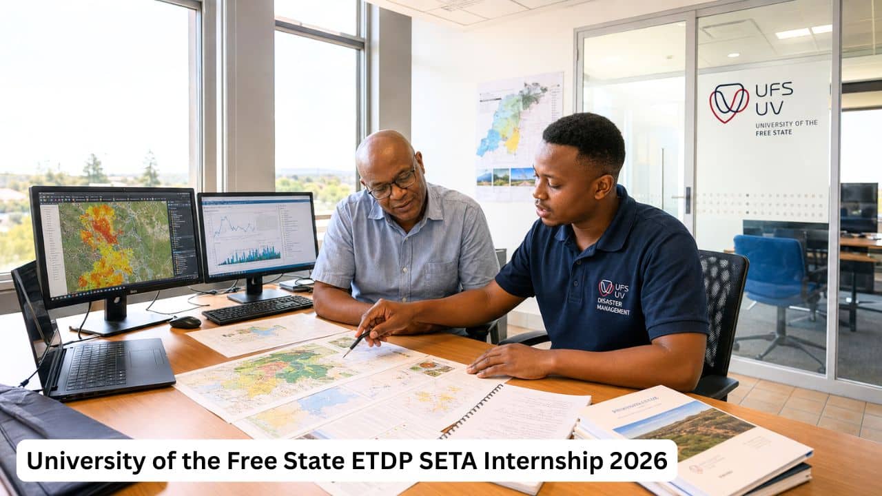 South African Disaster Management graduate analysing climate-risk data during an internship at the University of the Free State.