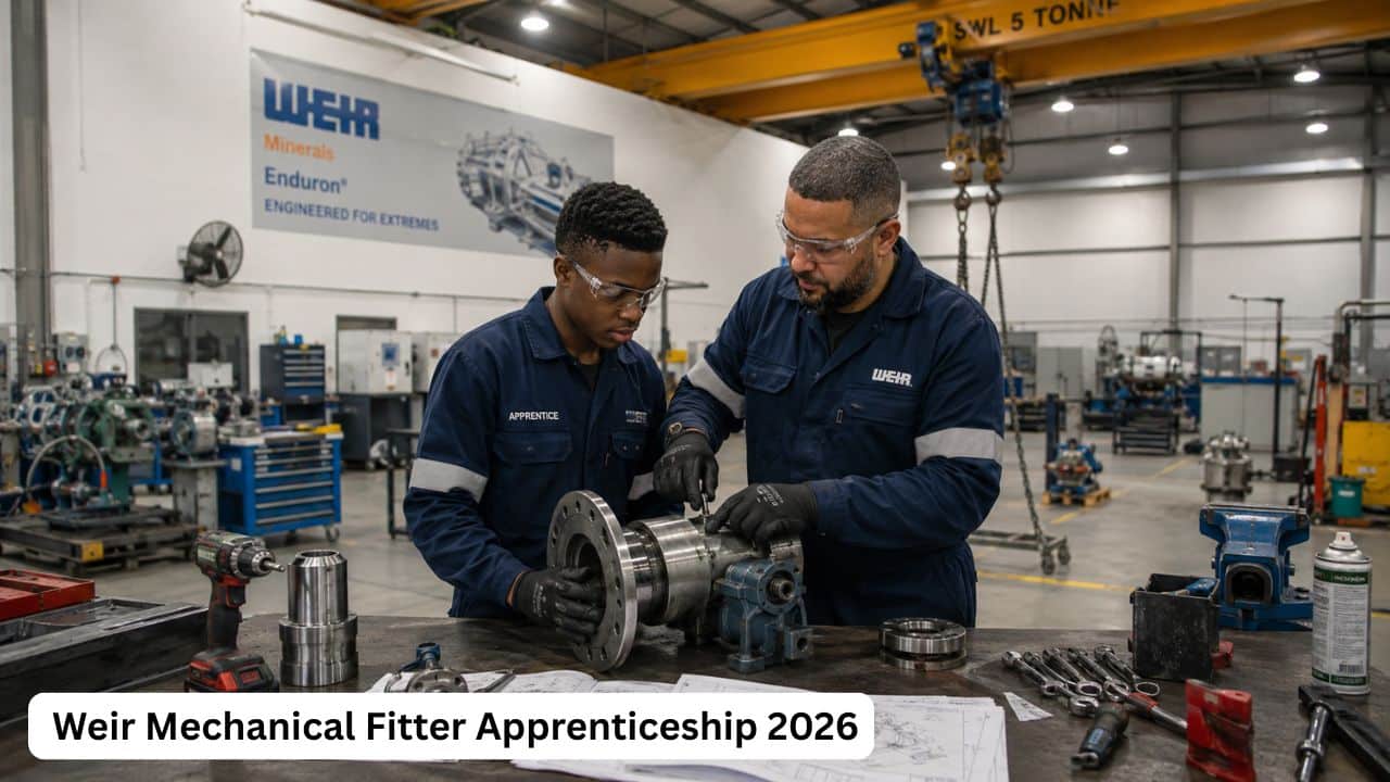 Young South African mechanical fitter apprentice learning equipment maintenance at Weir