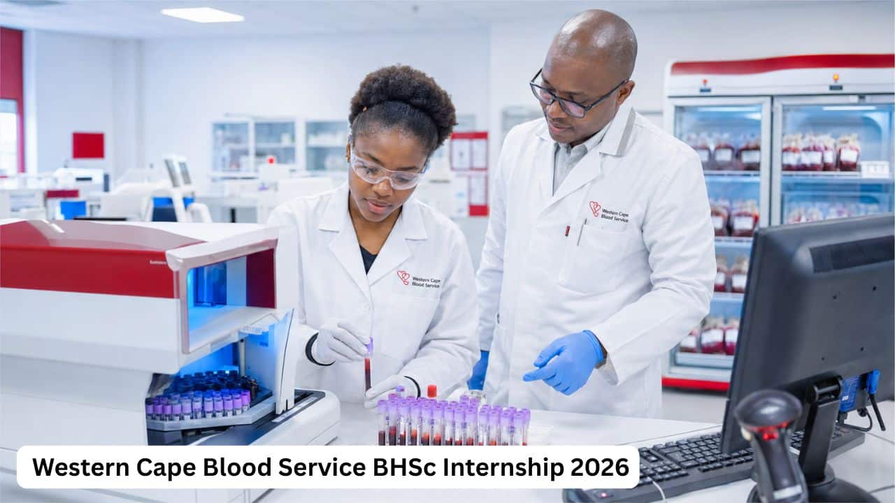 South African Bachelor of Health Sciences intern receiving practical blood transfusion laboratory training at Western Cape Blood Service.