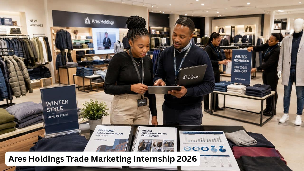 South African trade marketing graduate reviewing a retail campaign and visual merchandising plan with an Ares Holdings manager