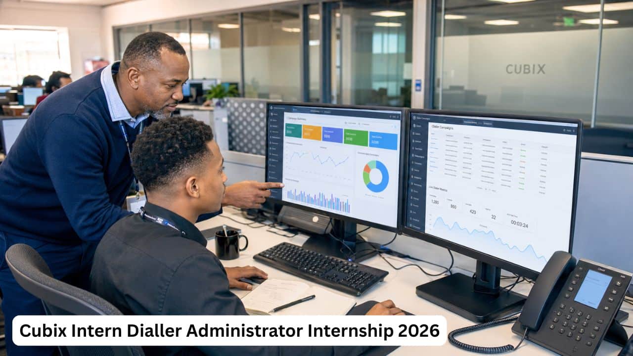 Young South African Cubix intern monitoring dialler campaign data on computer screens in a telecommunications office.