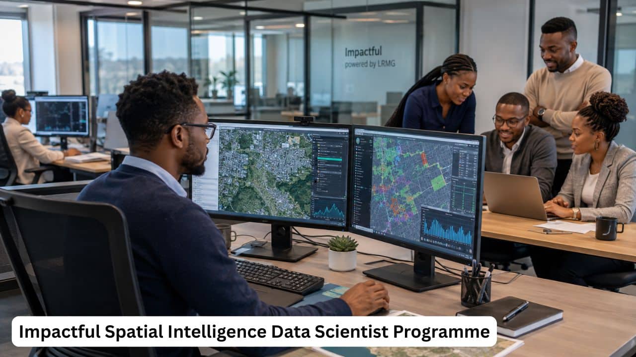 South African geospatial data scientist analysing satellite maps and spatial intelligence data with an analytics team.