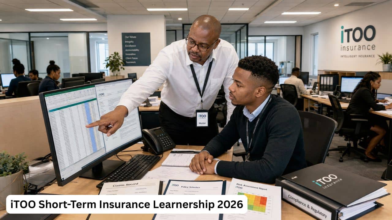 South African learner receiving short-term insurance training from an iTOO workplace mentor