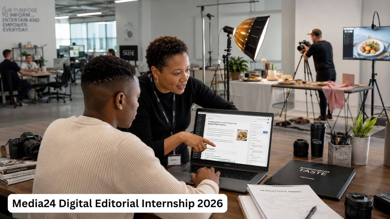 Young South African digital editorial intern receiving content and SEO mentorship at Media24.