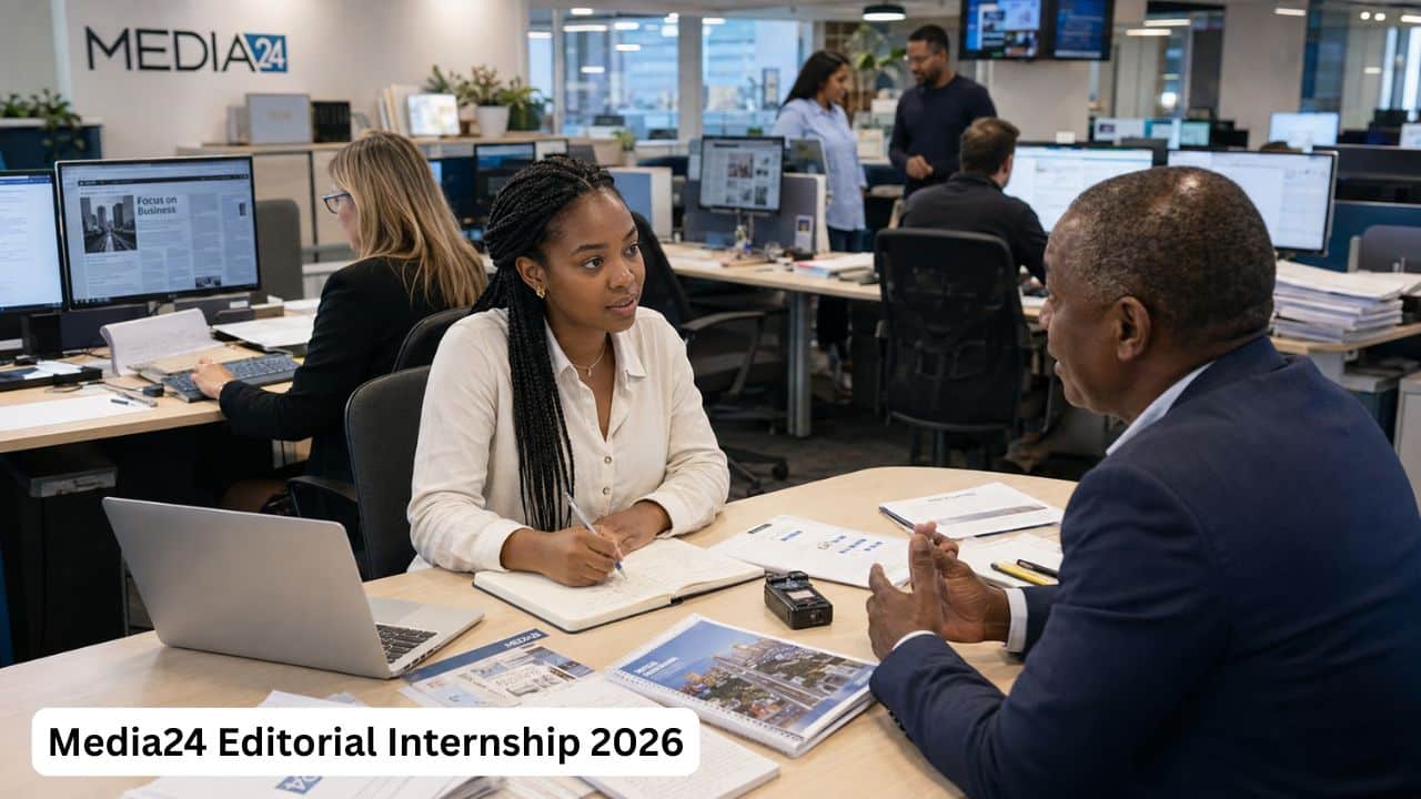 Young South African Media24 editorial intern interviewing a business professional and preparing an article