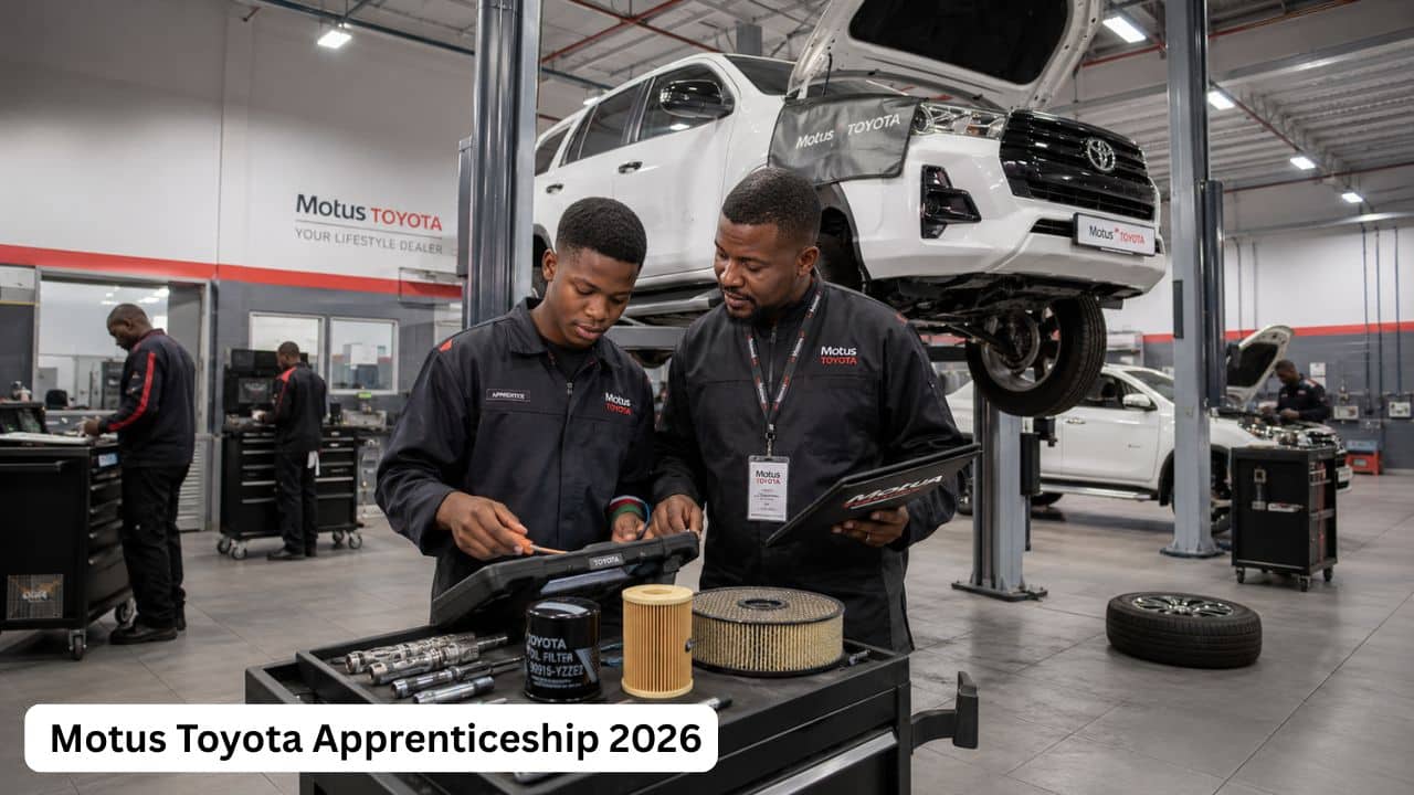 Young South African motor mechanic apprentice receiving practical vehicle repair training at Motus Toyota.