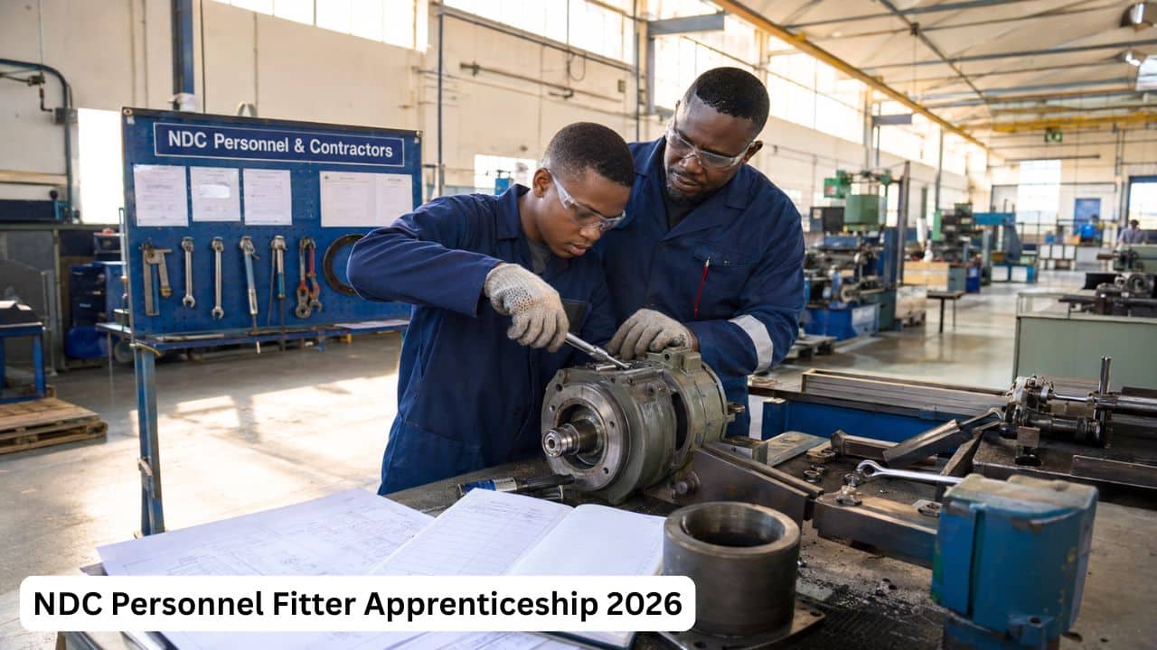 Young South African fitter apprentice receiving practical manufacturing training from a qualified artisan.