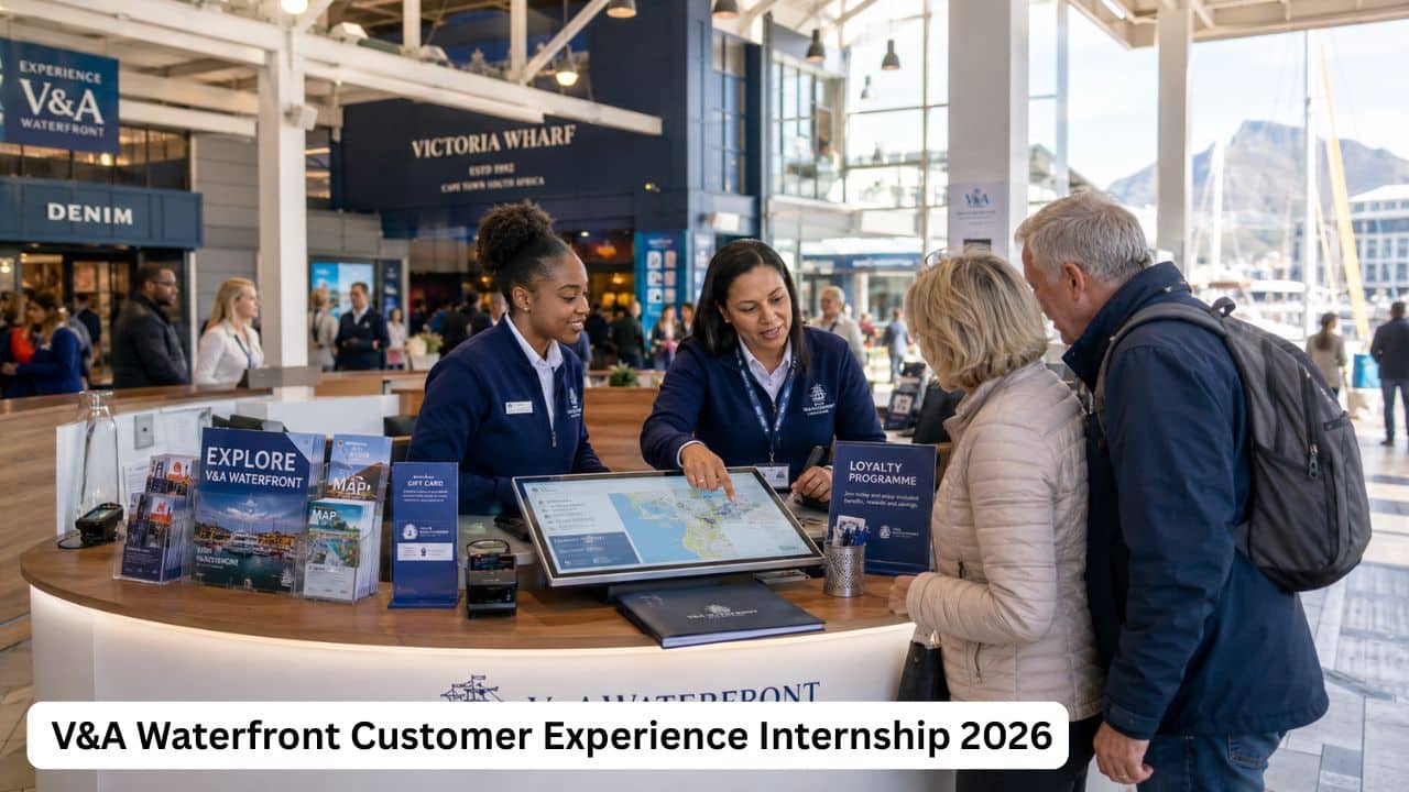 South African customer experience intern assisting visitors with guidance from a V&A Waterfront mentor